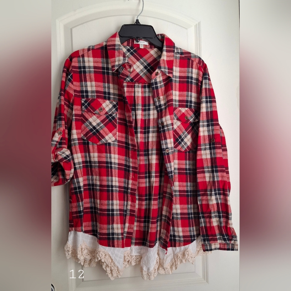 Jodifl Women Top M Red Plaid Cotton Flannel Eyelet Trim Feminine Western Cowgirl